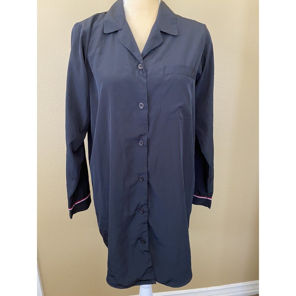 Tommy Hilfiger Sleepwear Womens Black Silky Button Down Nightgown Shirt SZ S